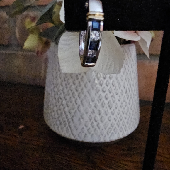 14KT WHITE & YELLOW GOLD NATURAL SAPPHIRE & DIAMOND EARRING HOOPS, SEPT BIRTHSTN - Picture 2 of 7
